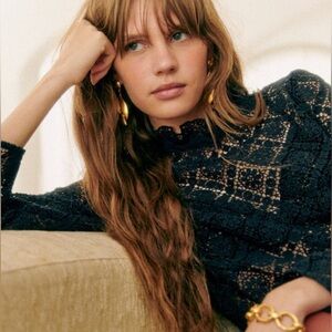 NWT Sezane Eglantine Guipure Blouse in Navy